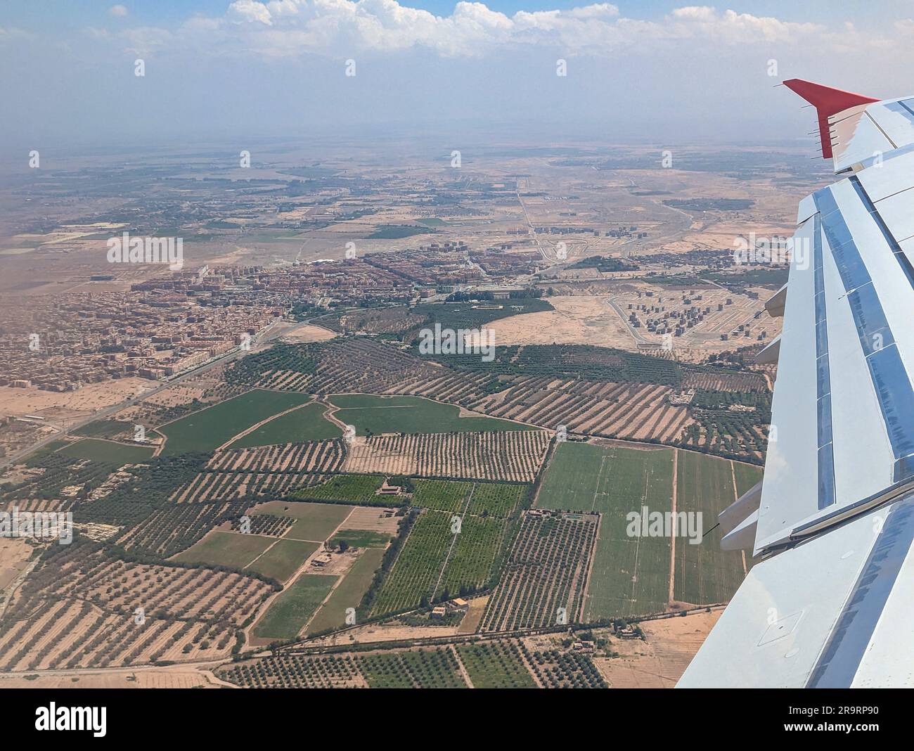 Aerial view of the Moroccan landscape and Marrakesh seen from an airplane Stock Photo
