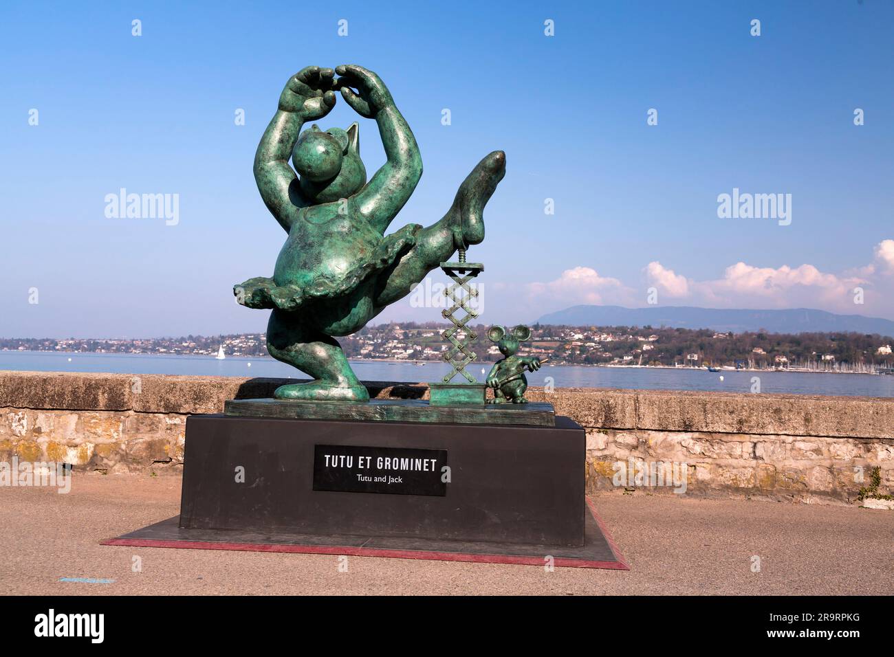 Geneva, Switzerland - 25 March 2022: Exhibition of sculptures Le Chat, created by the Belgian cartoon artist Philippe Geluck, along the Leman lakeside Stock Photo