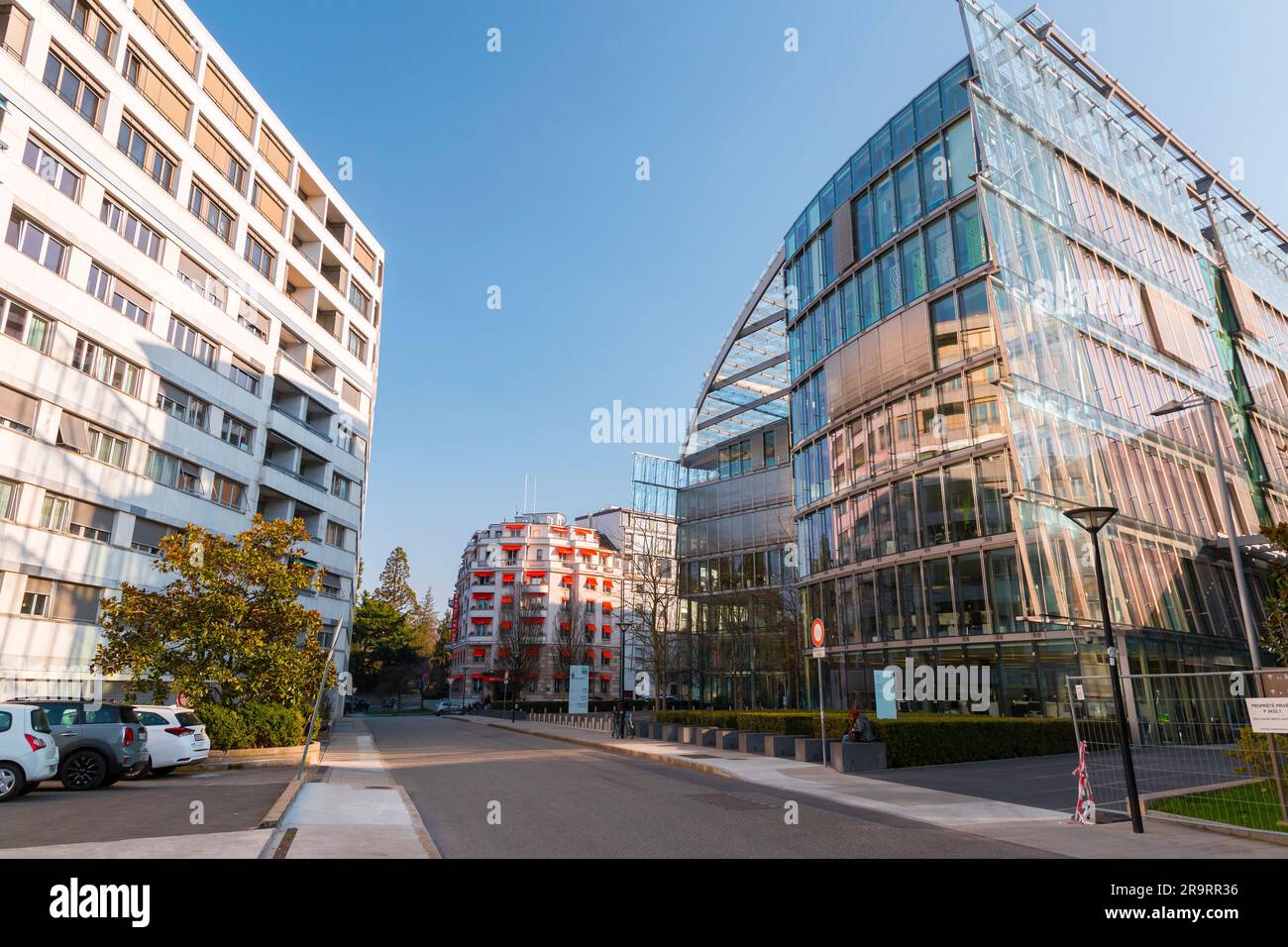 Geneva, Switzerland - 25 March 2022: Modern architecture and street view in Geneva, Switzerland. Stock Photo