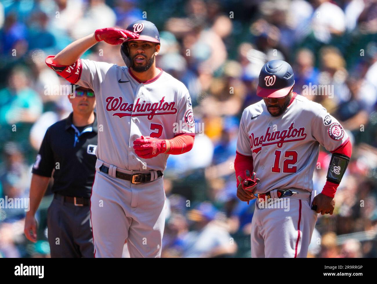 Washington Nationals shortstop Luis Garcia watches a hit during the