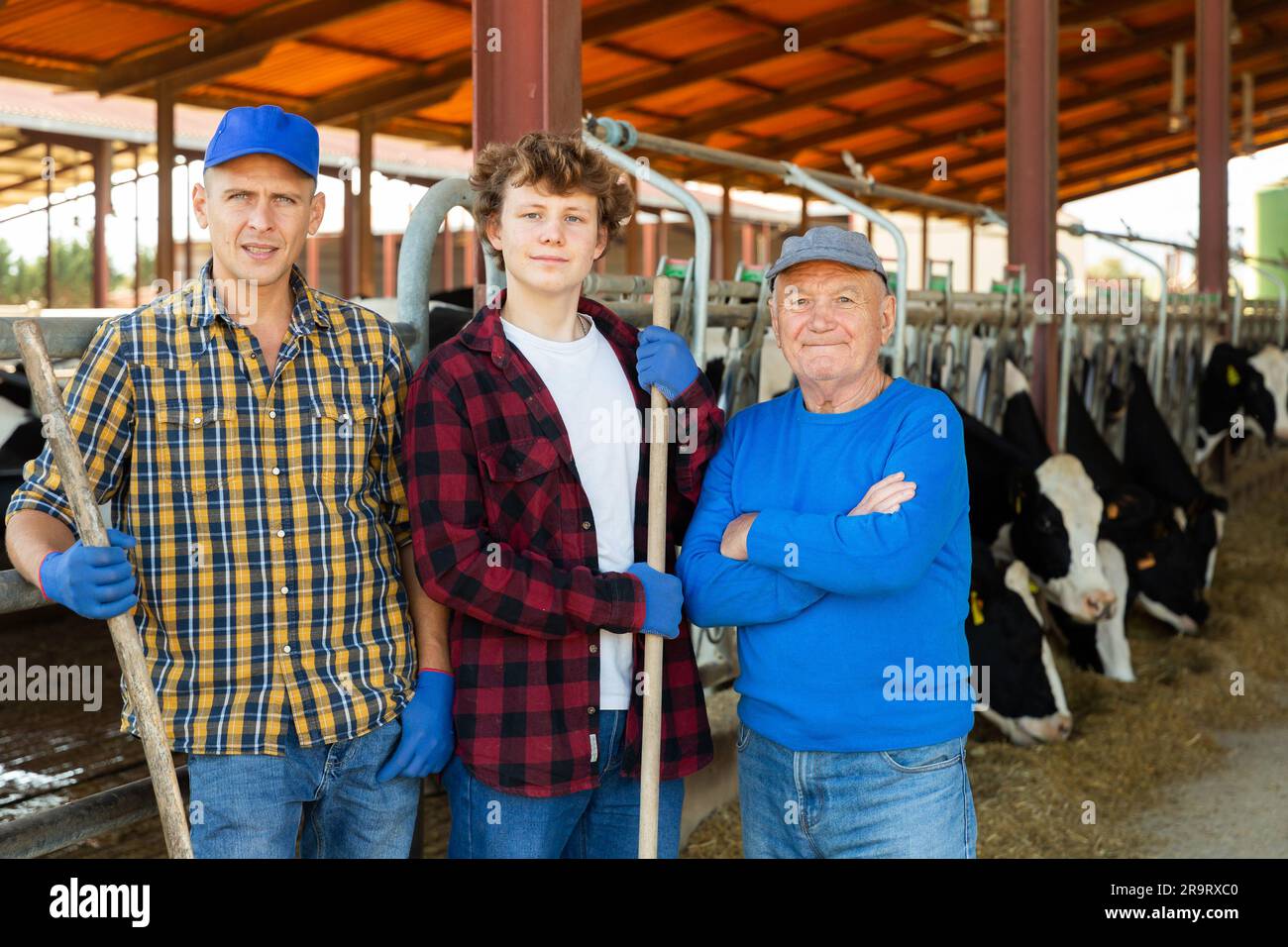 Familyowned livestock business three farmers of different ages in