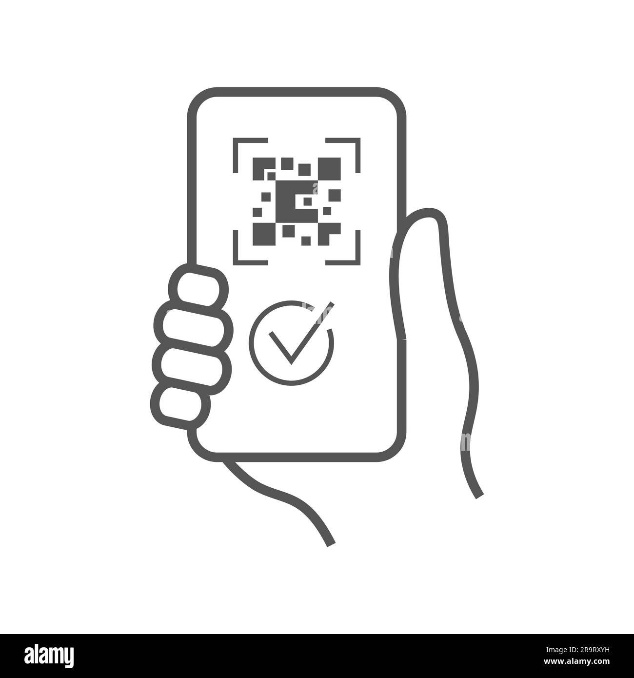 QR code scanning icon in smartphone. Hand holding mobile phone in line ...