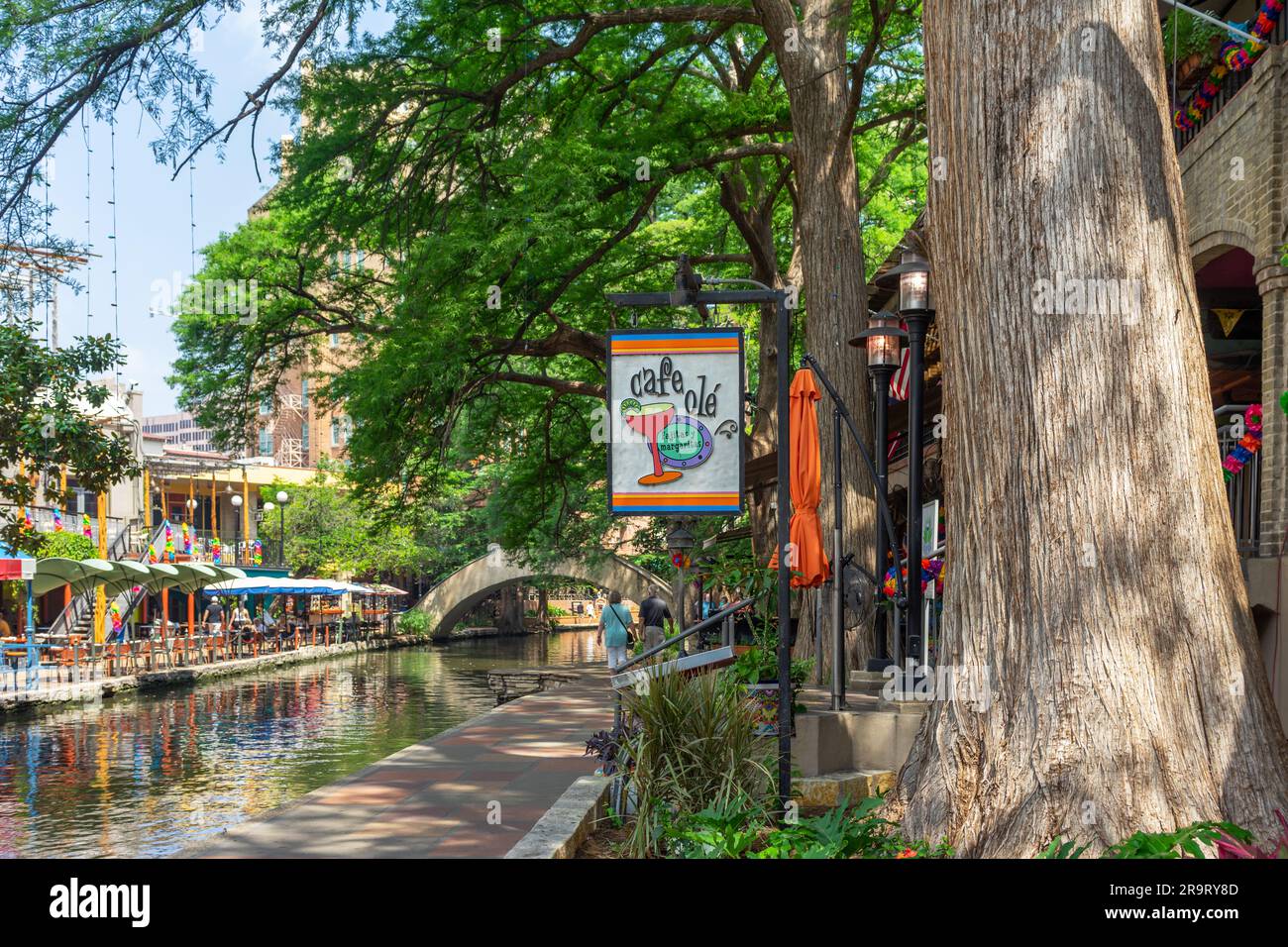 San Antonio, Texas, USA – May 8, 2023: Sign for Cafe Ole restaurant located on the San Antonio River Walk in San Antonio, Texas. Stock Photo