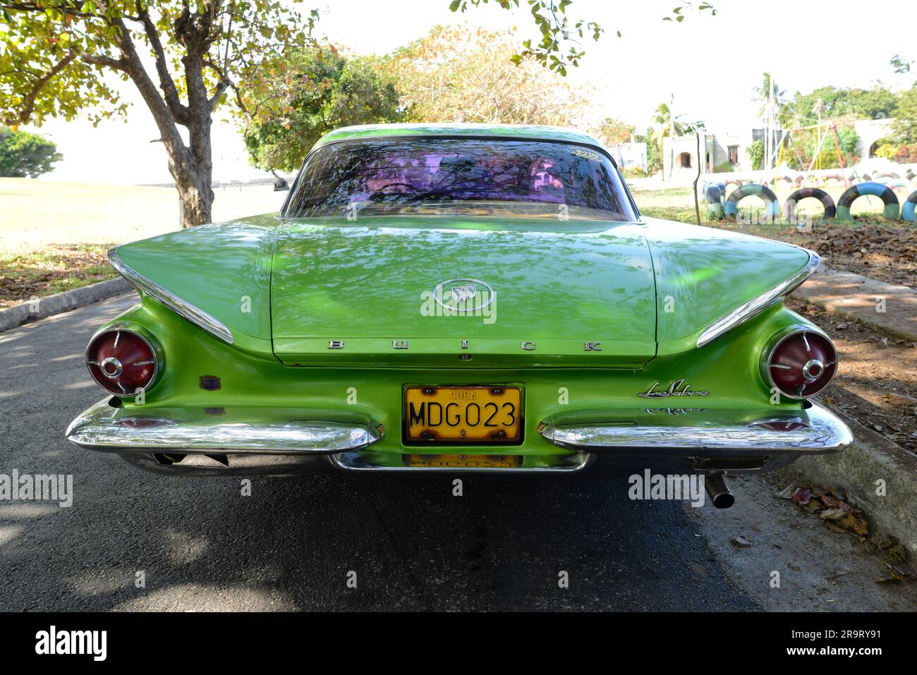 Tail fin of green Buick vintage car Stock Photo