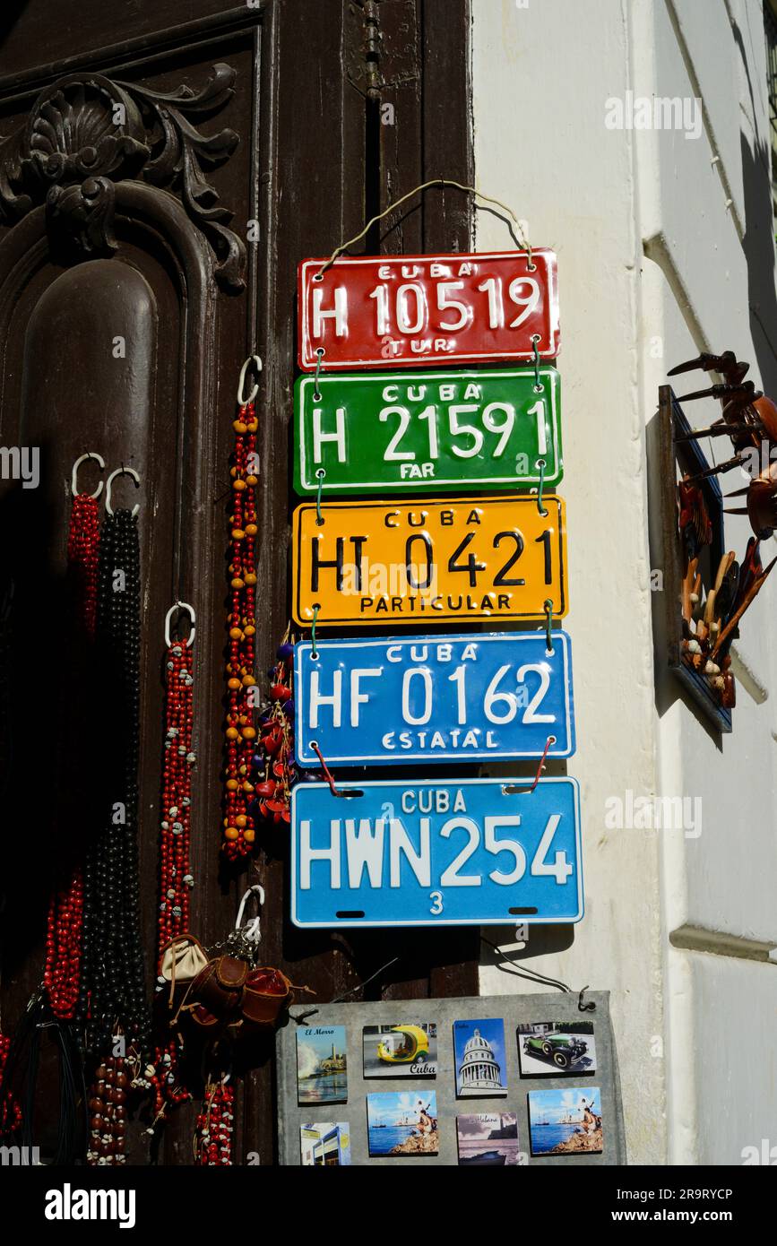 License plates on display, Havana,  La Habana, Cuba Stock Photo