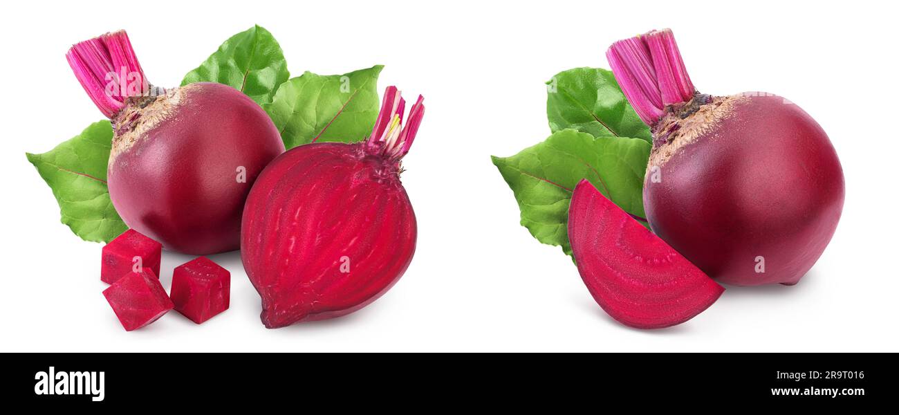 Two Beetroot beetroot with half isolated on white background with full depth of ...