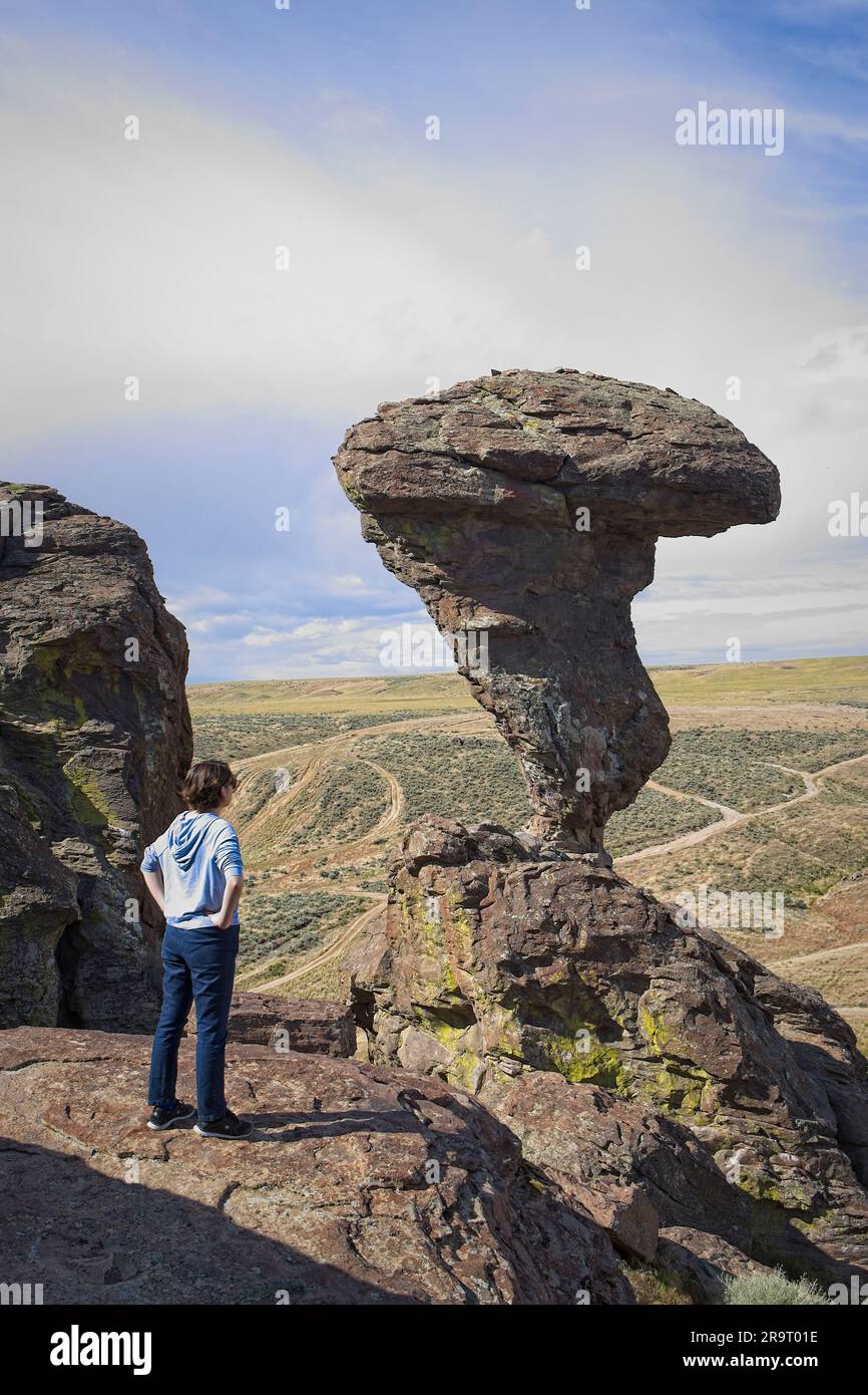 A young woman stands on a rock ledge looking at the famous Balanced