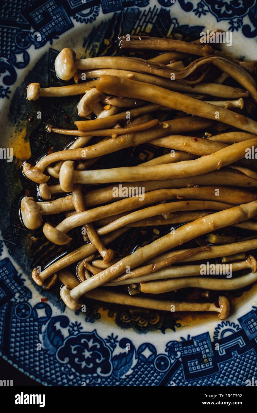 Sautéed Enoki Mushrooms with garlic, sesame oil, soy sauce, East Asian