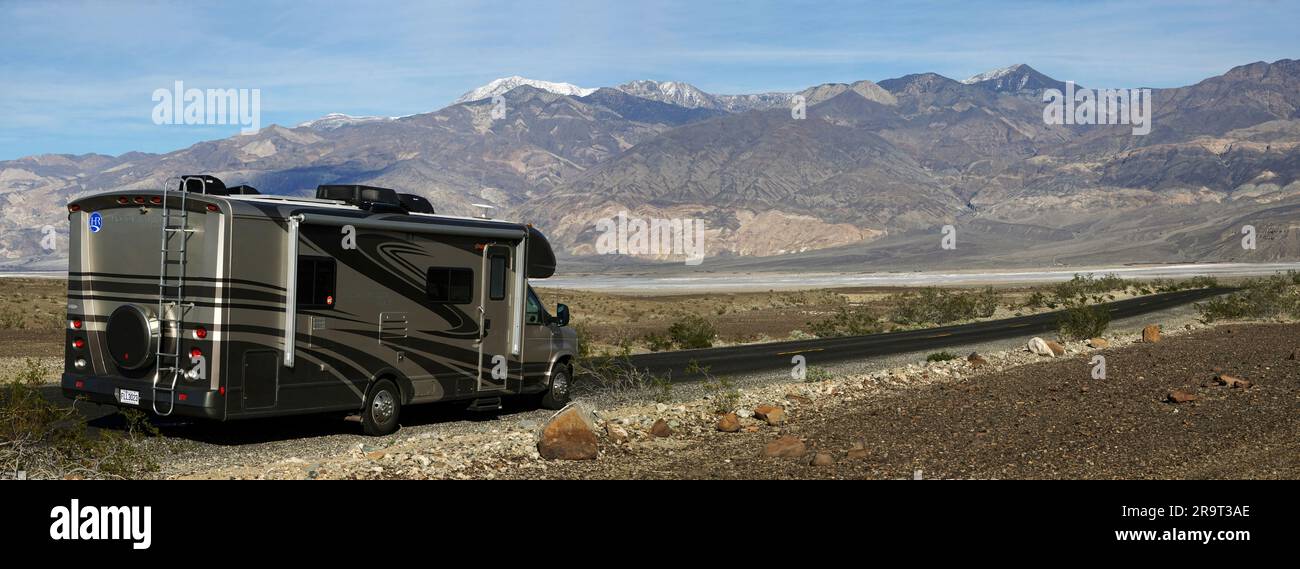Camper driving to Las Vegas through Death Valley National Park, California, USA Stock Photo