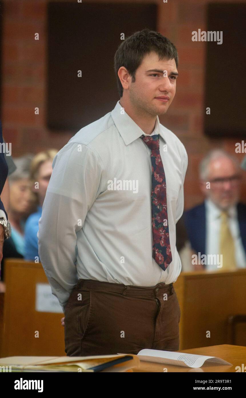 Jacob Coffey appears in court during his sentencing for the death of Luke  Roux, a recent high school graduate, at Hartford Superior Court GA-14 on  Wednesday, June 28, 2023, in Hartford, Conn.