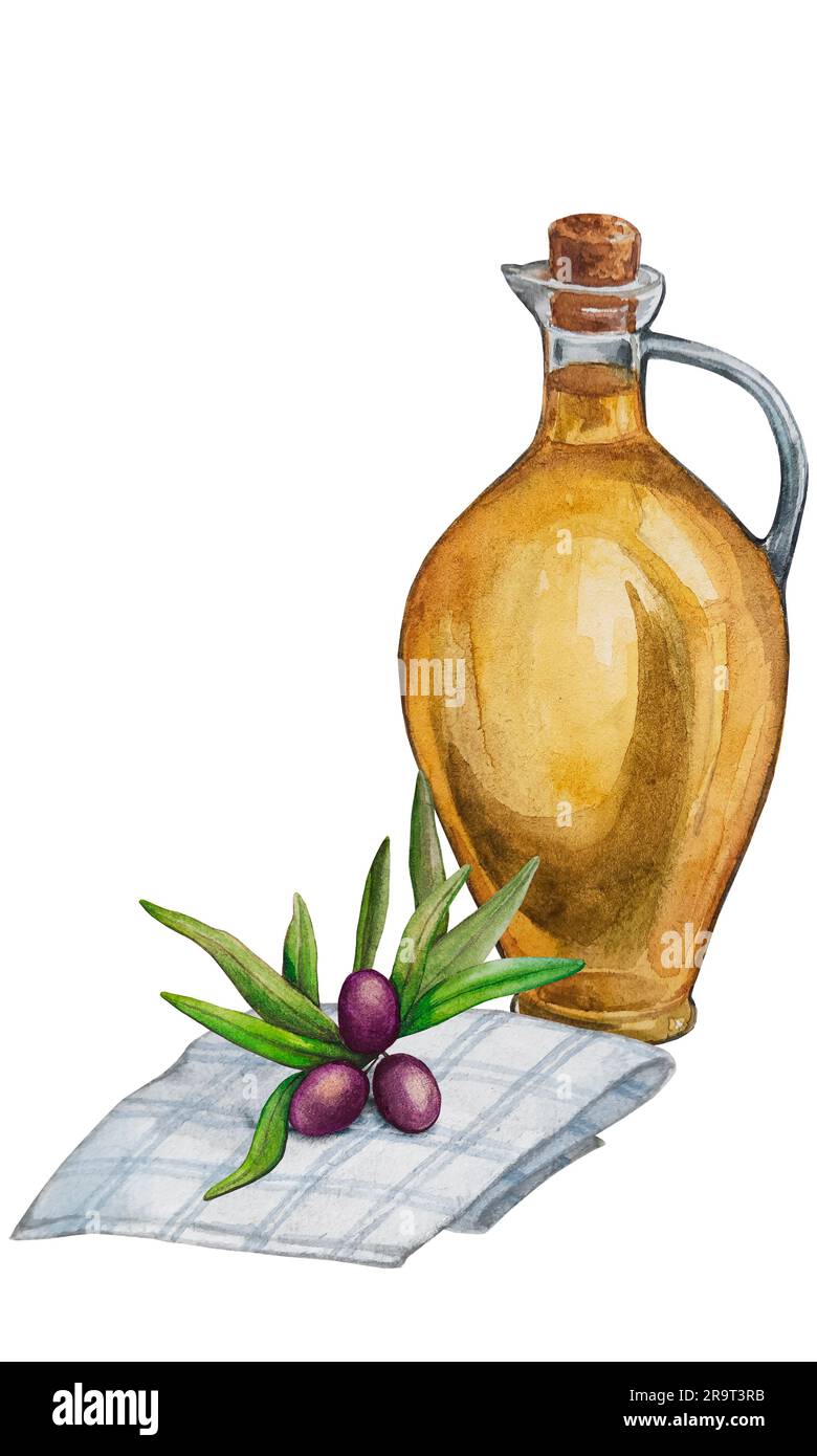 Glass bottle with oil and black olives on a towel. Watercolor food ...