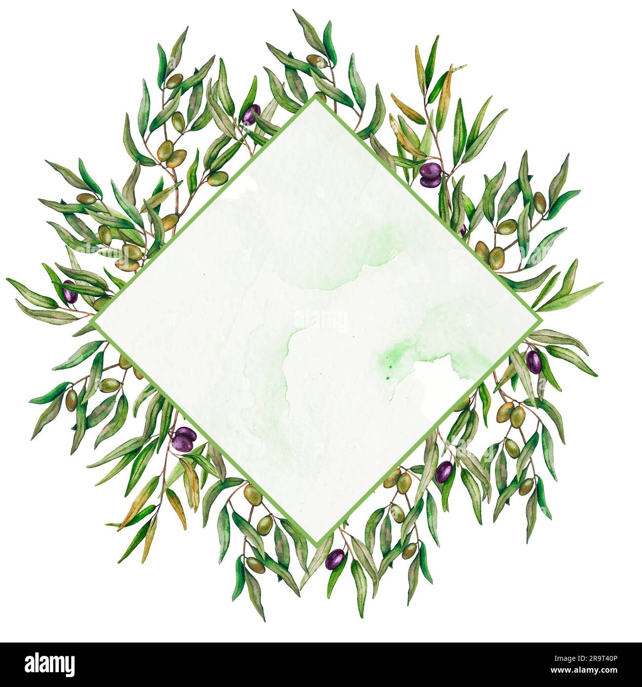 Frame with olive branches and green and black berries. Hand painted ...