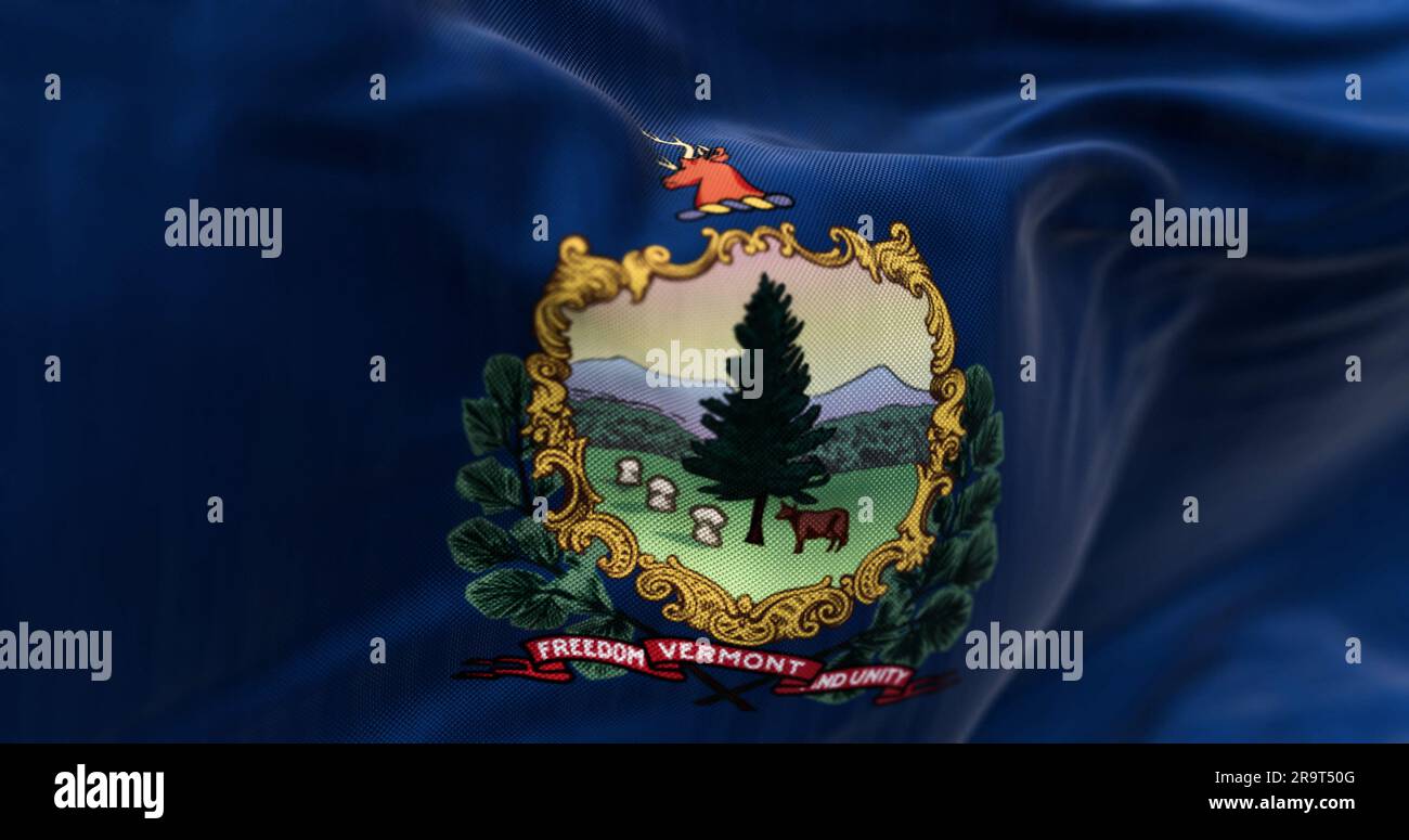 Close-up of the Vermont state flag waving in the wind. Blue background with State coat of arms and motto. 3d illustration render. Selective focus. Flu Stock Photo