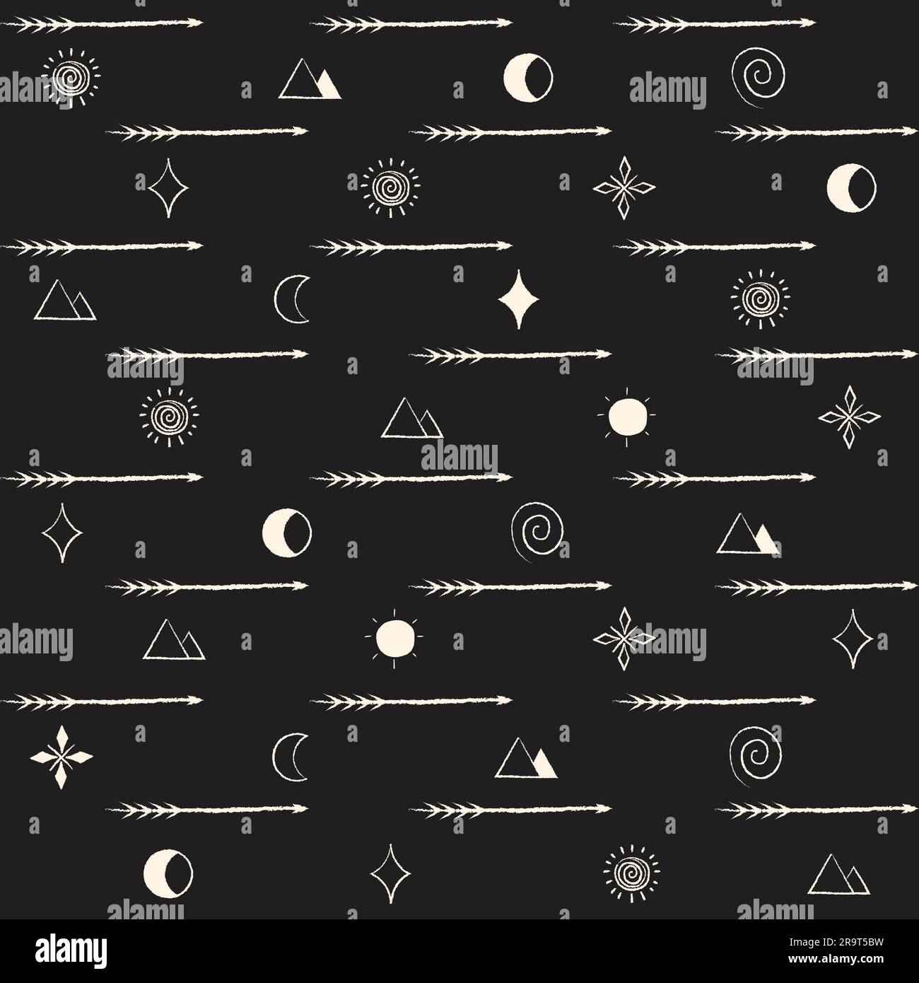 Aztec pattern Black and white Doodle arrows seamless pattern Spear, sun, moon, star, pyramid Decorative background Thin line Vector illustration Isola Stock Vector