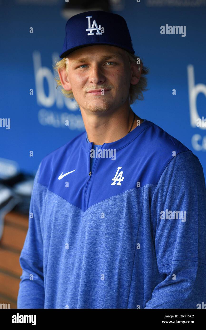 LOS ANGELES, CA - JUNE 17: Los Angeles Dodgers pitcher Emmet Sheehan (80)  looks on in the dugout before the MLB game between the San Francisco Giants  and the Los Angeles Dodgers