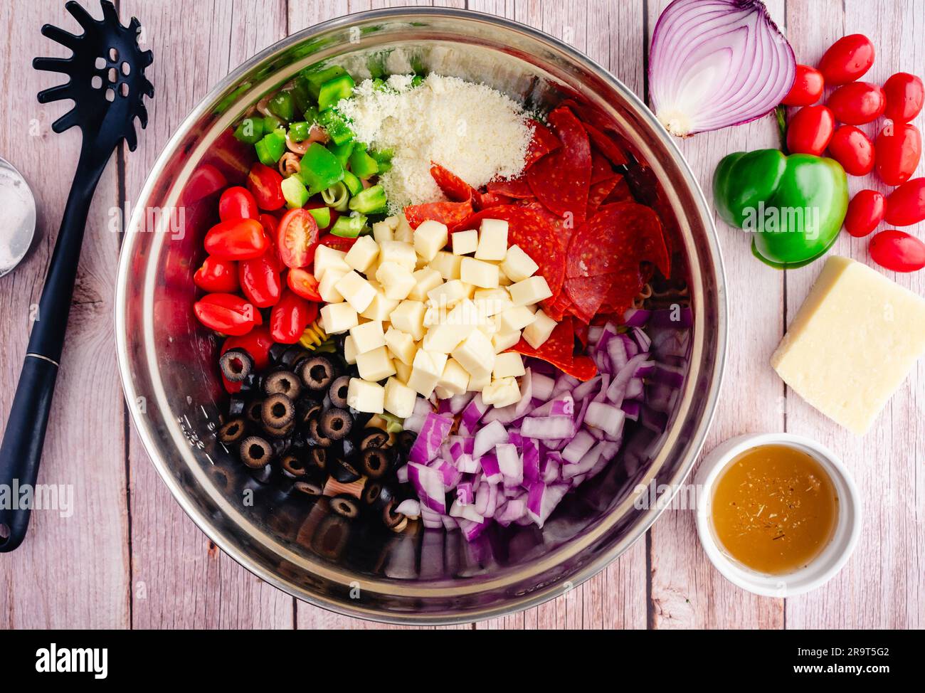 Tricolor Pasta Salad Toppings Before Being Mixed Chopped and sliced