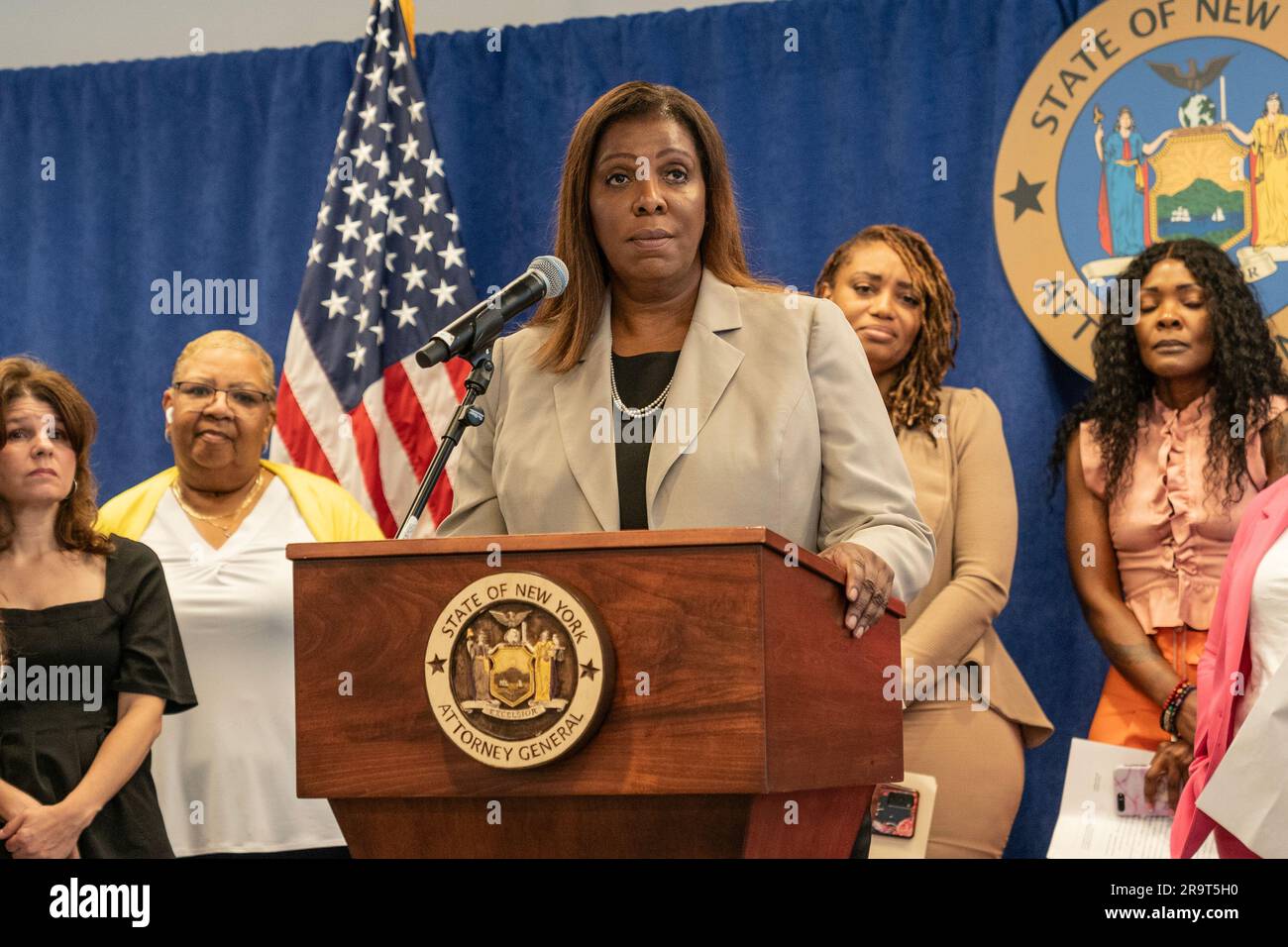 Attorney General James made an announcement to sue owners and operators of 4 nursing homes at New York office of Attorney General on June28, 2023 Stock Photo