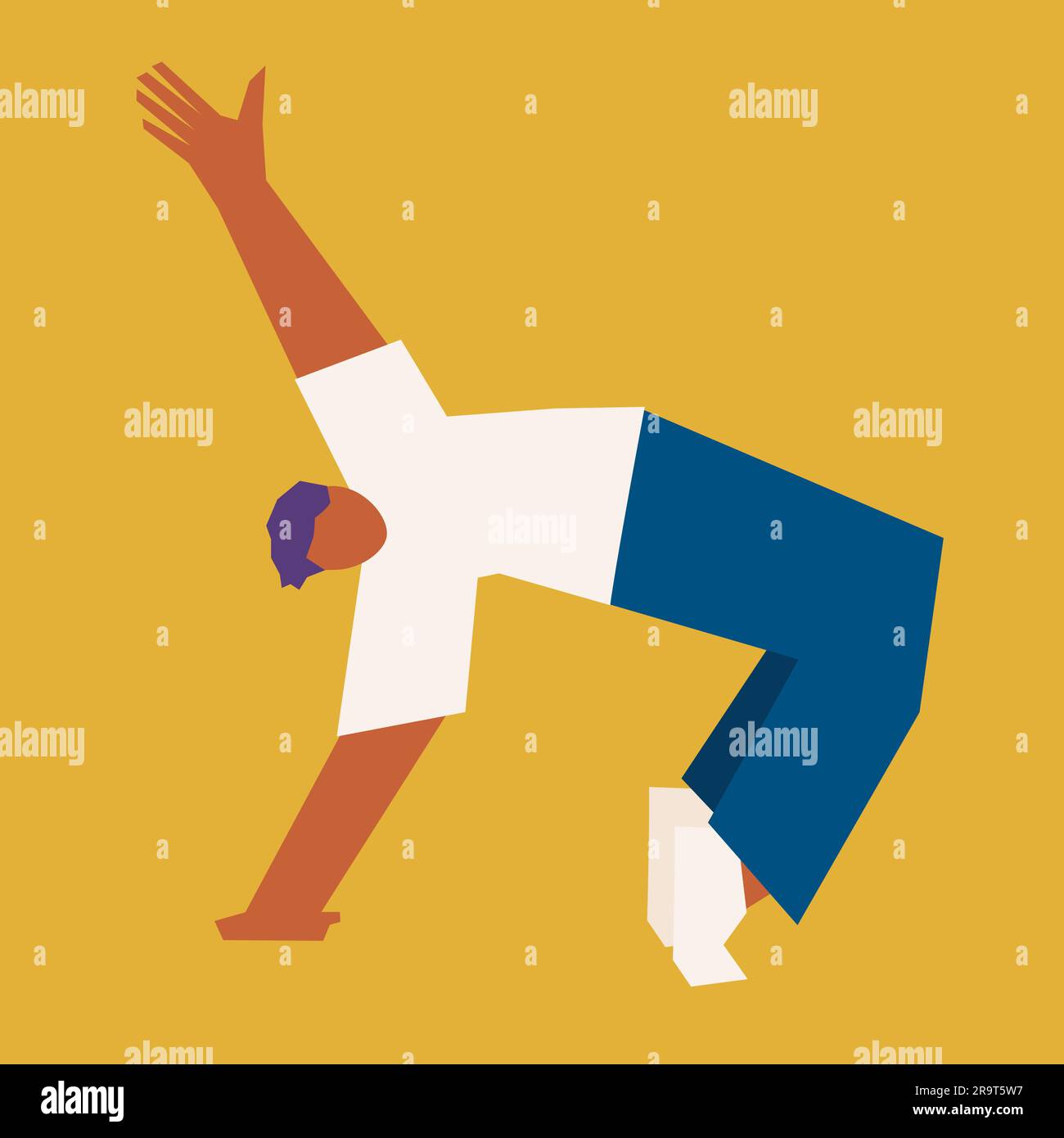 Breakdancer dancing and making a freeze on one hand. Cubism art. Vector illustration Isolated on yellow background Stock Vector