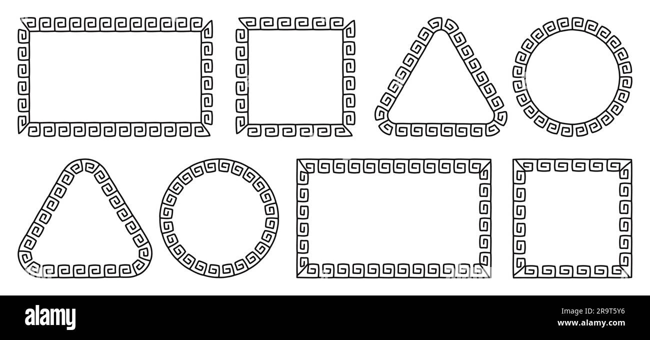 Frames with seamless greek meander pattern. Decorative borders constructed from continuous lines, shaped into repeated motif. Hand drawn doodle vector Stock Vector