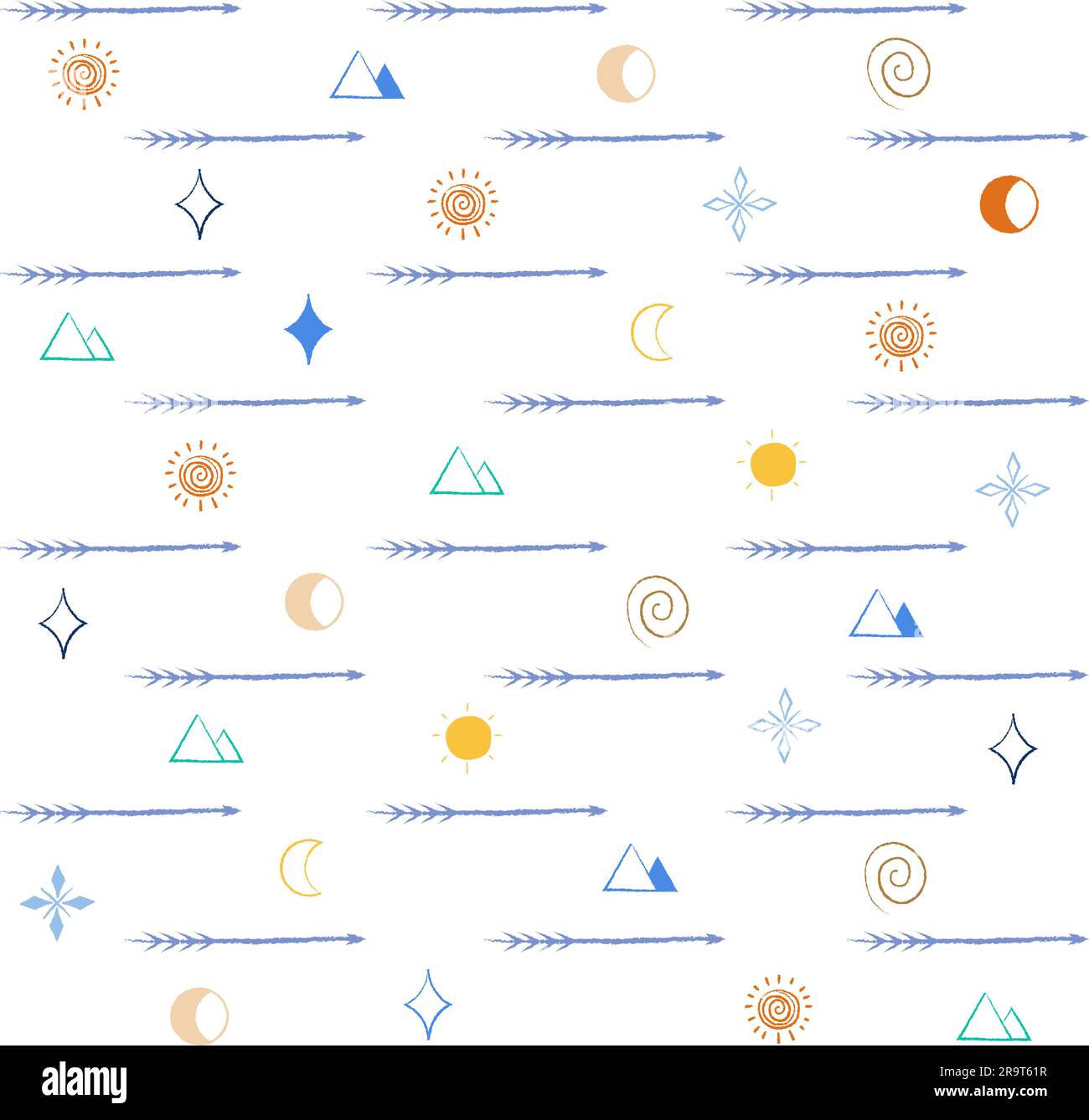 Aztec pattern Doodle arrows seamless pattern Spear, sun, moon, star, pyramid Decorative background Thin line Vector illustration Isolated Stock Vector