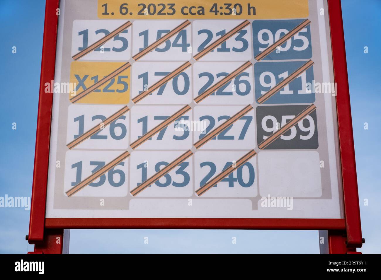 Declined bus lines. City Bus stop with a lot of Bus Number information ...