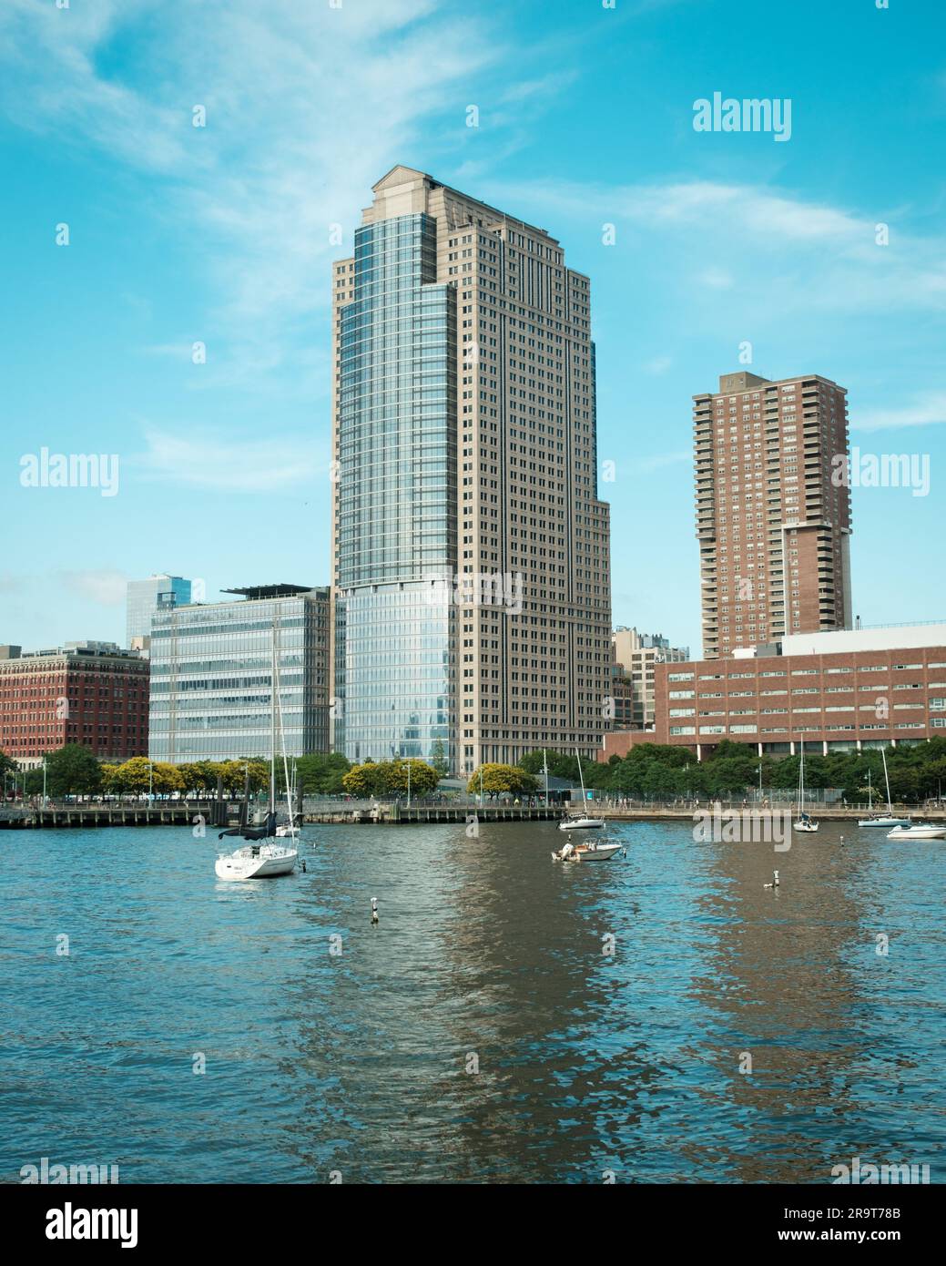View of buildings on the Hudson River waterfront in Tribeca 