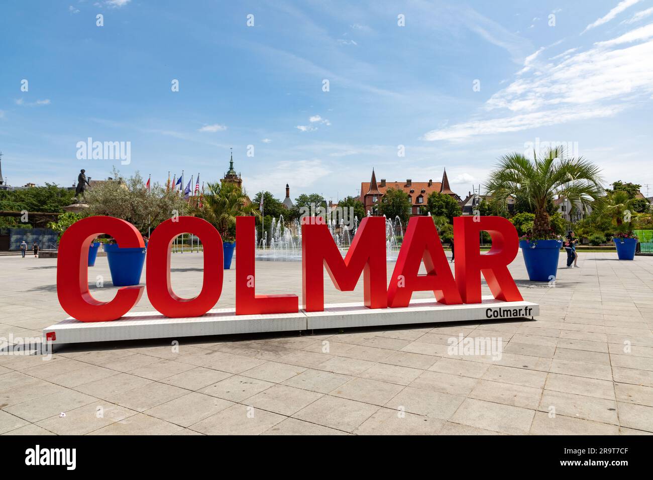 Colmar, France – June 21, 2023: Lettering with the word Colmar on the Place Rapp as a popular photo motif and Location for tourists in Colmar in Franc Stock Photo