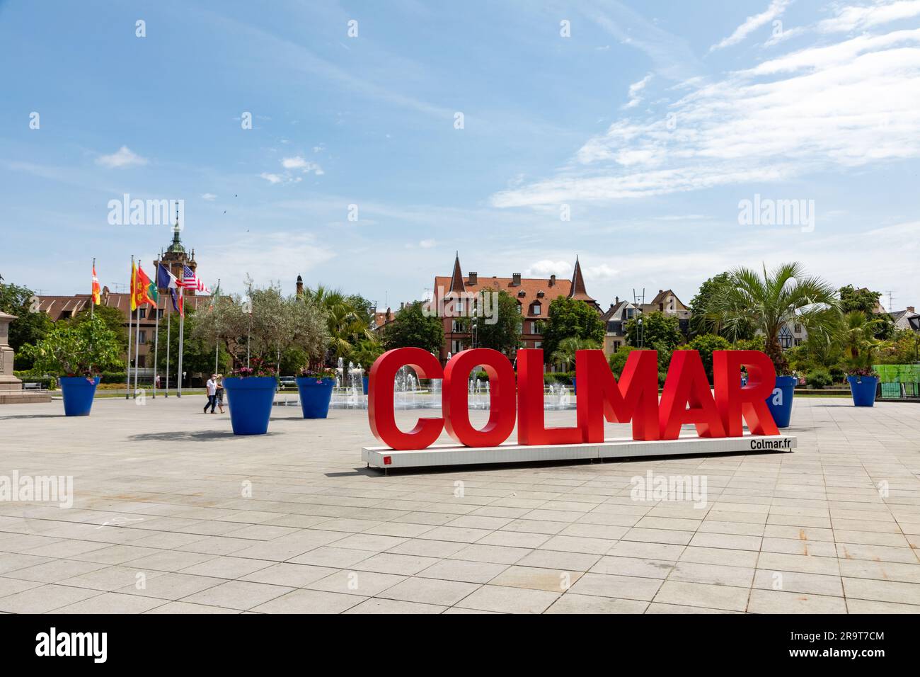 Colmar, France – June 21, 2023: Lettering with the word Colmar on the Place Rapp as a popular photo motif and Location for tourists in Colmar in Franc Stock Photo