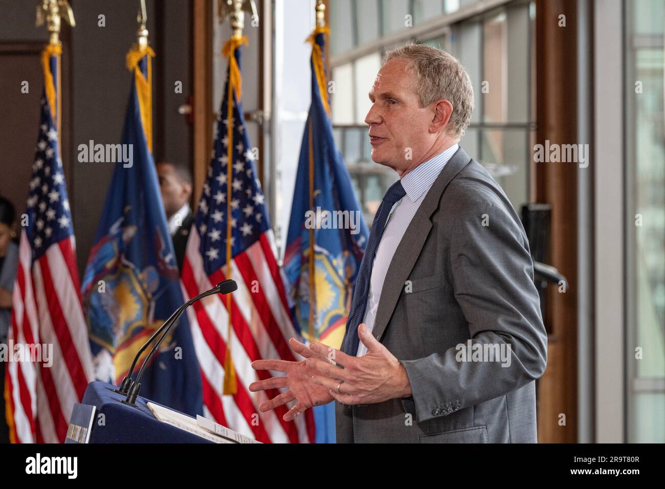 MTA Chair and CEO Janno Lieber speaks during Governor Kathy Hochul announcement that  Manhattan congestion project will move forward at NYU Kimmel Center in New York on June 27, 2023 Stock Photo