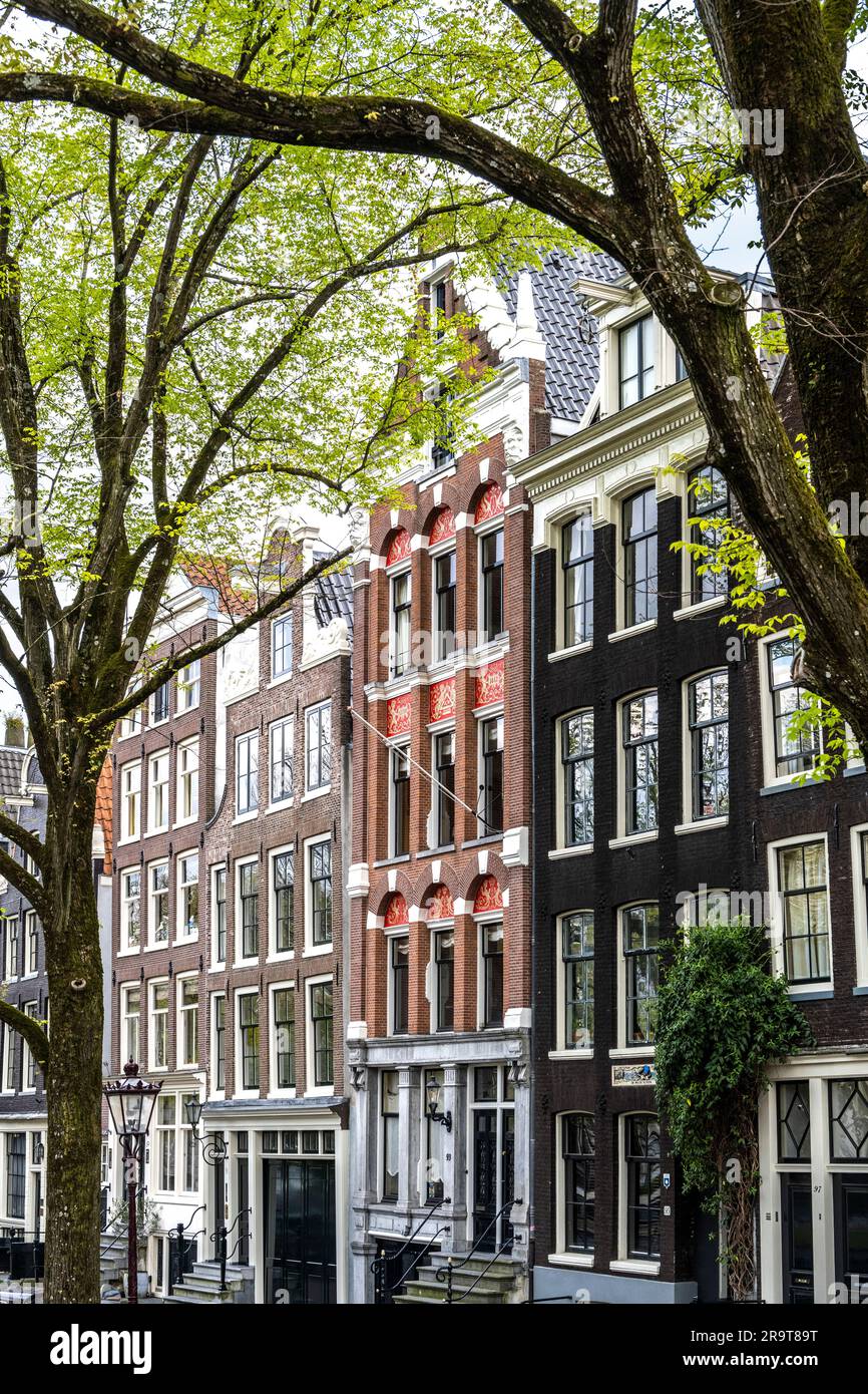 typical street in Amsterdam with narrow 16th century gable homes with hooks Stock Photo