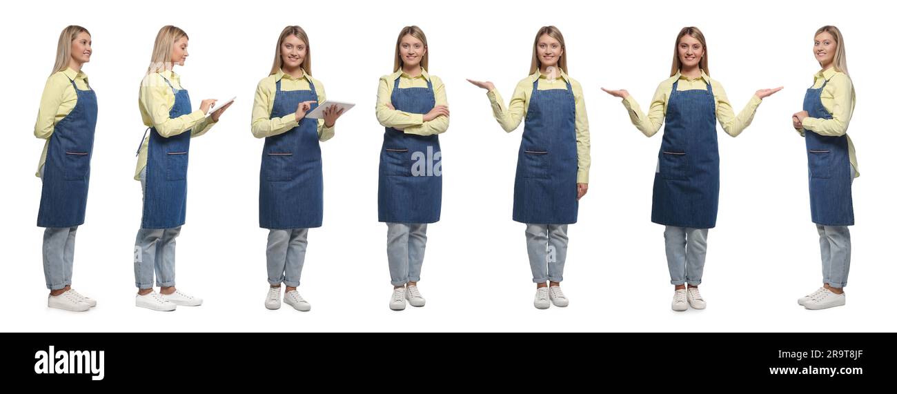Collage with photos of woman in apron on white background Stock Photo ...