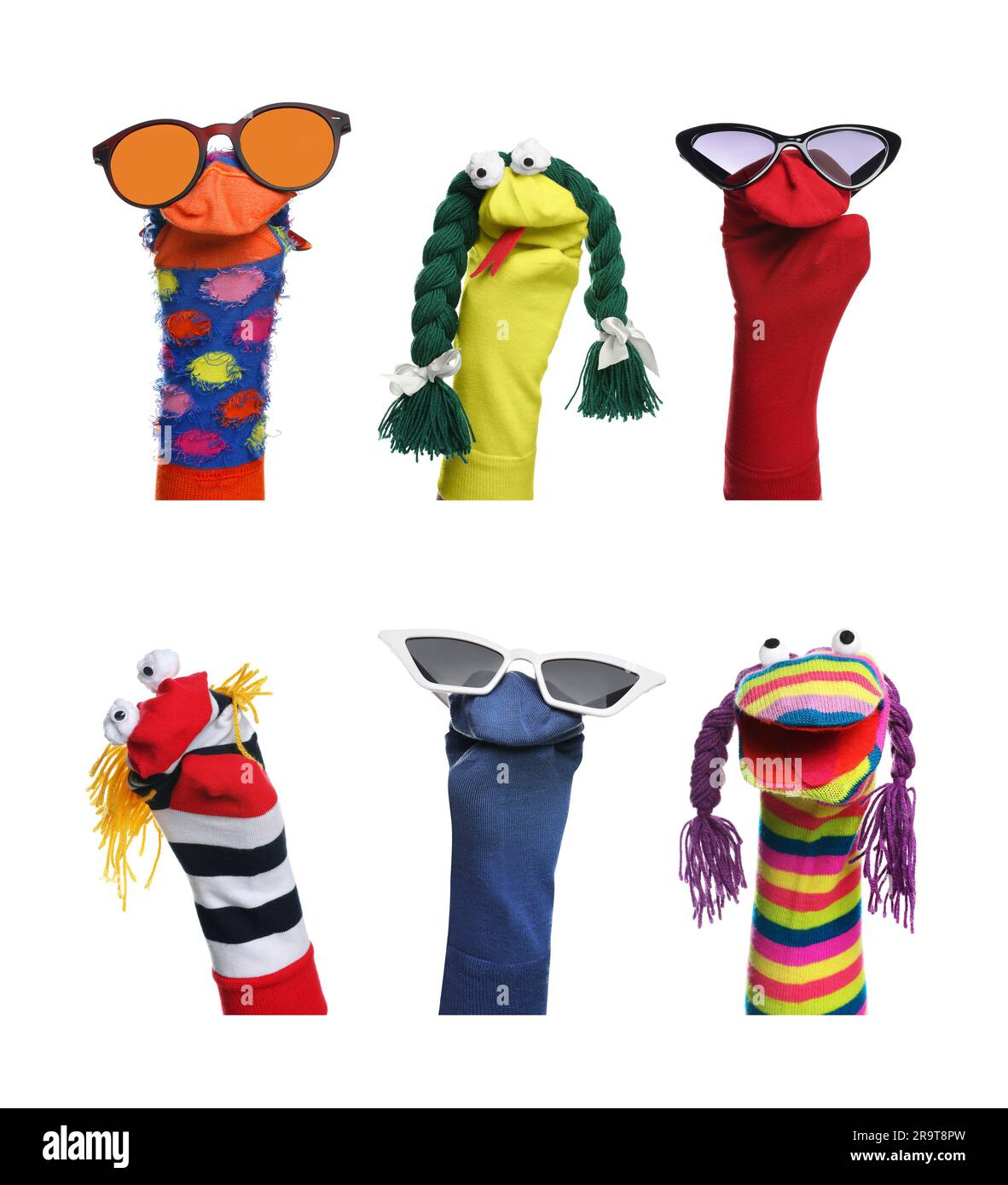 Many colorful sock puppets on white background, collage design Stock