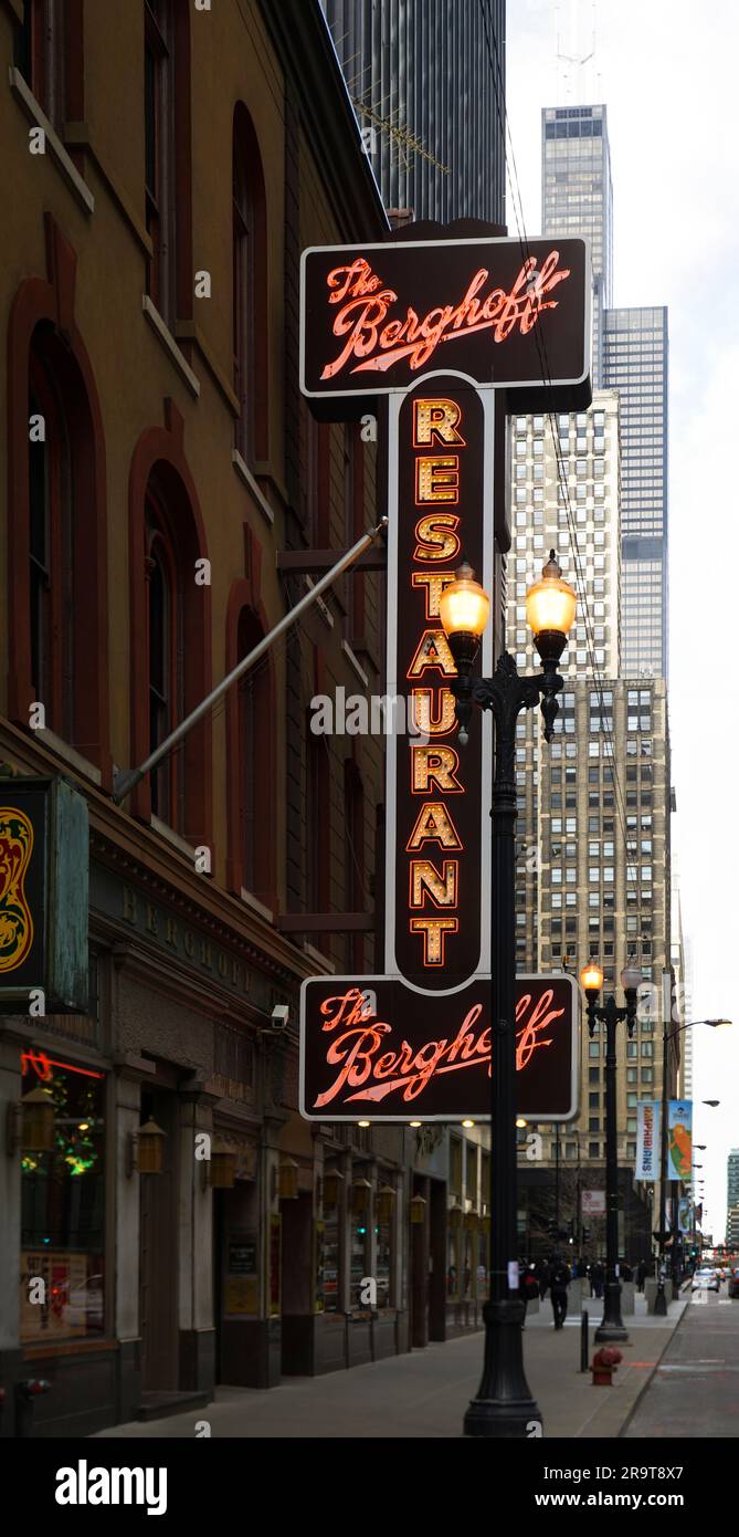 Restaurant neon hanging on street, Chicago, Illinois, USA Stock Photo