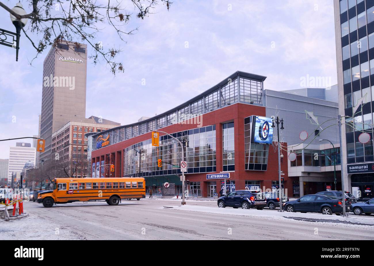 Winnipeg, Manitoba, Canada - 11 17 2014: Winter view across Portage avenue on MTS Centre arena. The indoor arena in downtown Winnipeg is the home of Stock Photo
