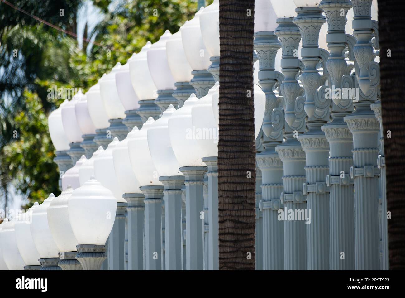 Los Angeles County Museum of Art (LACMA), Los Angeles, CA, USA. and Urban Light art installation by artist Chris Burden. Stock Photo