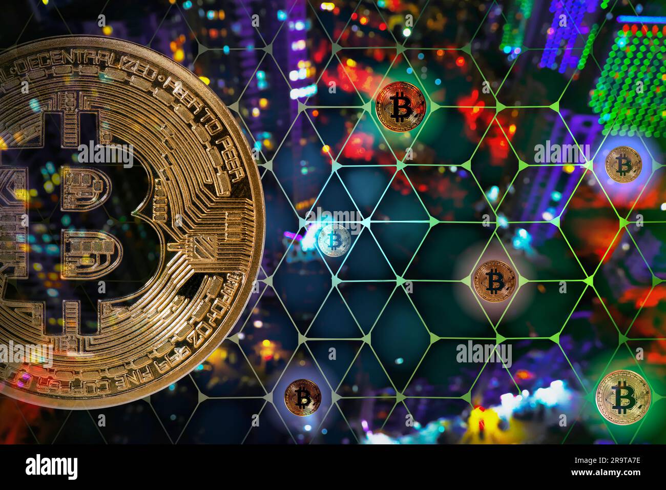 Cryptocurrency. Scheme with bitcoins against blurred background Stock Photo