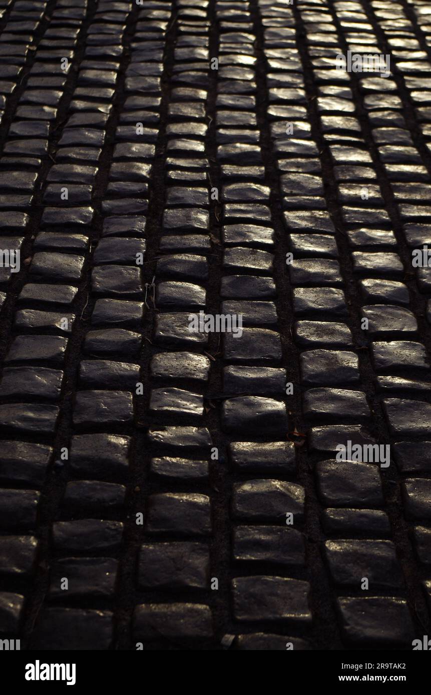Black cobblestone pavement in the evening Stock Photo