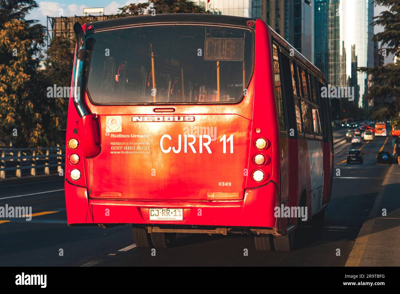 Santiago, Chile -  February 16 2023: a public transport Transantiago, or Red Metropolitana de Movilidad, bus doing route C18 Stock Photo