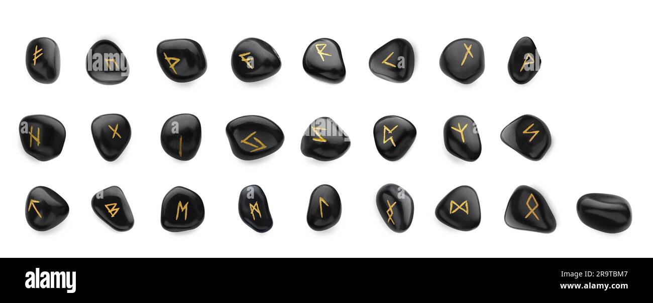 Set of black stone runes on white background. Divination tool Stock