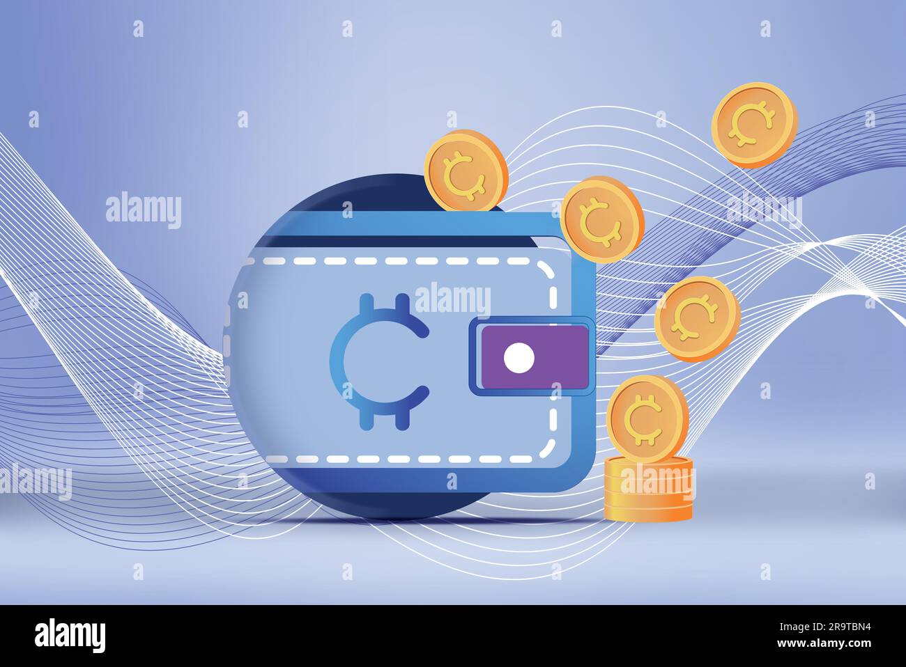 Wallet sticking out of hole and cryptocurrency coins on light blue  background, illustration Stock Photo - Alamy