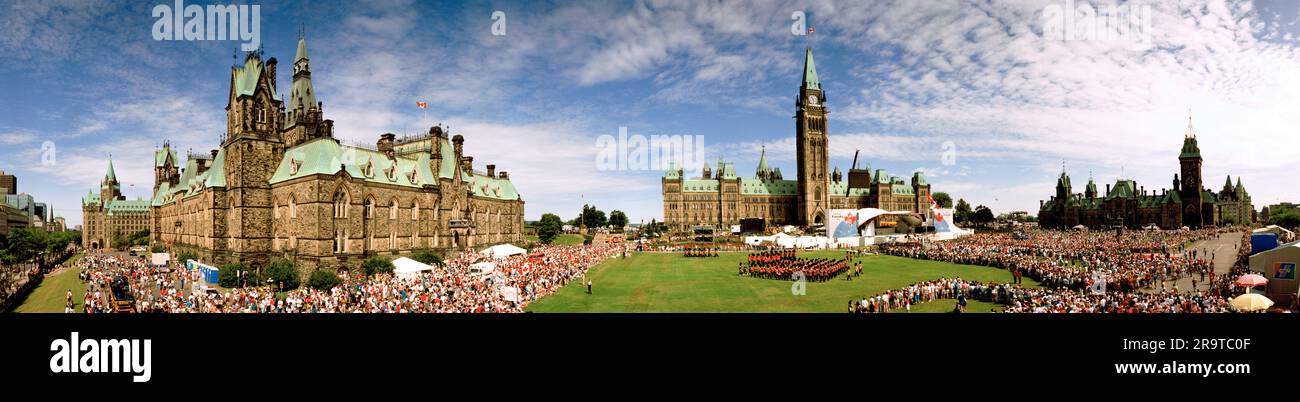 Crowd of people celebrating Canada Day near castle, Ottawa, Canada Stock Photo