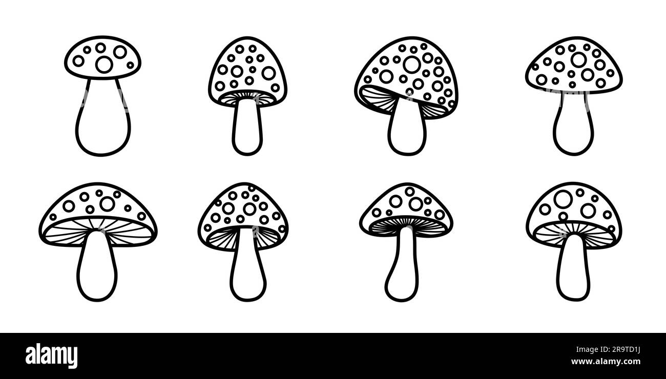 Vector Flat Mushroom Icon Set Isolated. Amanita Muscaria, Fly Agaric Sign, Mushrooms Collection. Magic Mushroom Symbol, Design Template. Vector Stock Vector