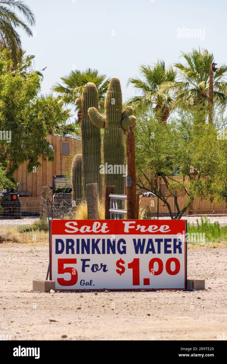 Salt free drinking water sign in front of a cactus in the american southwest Stock Photo