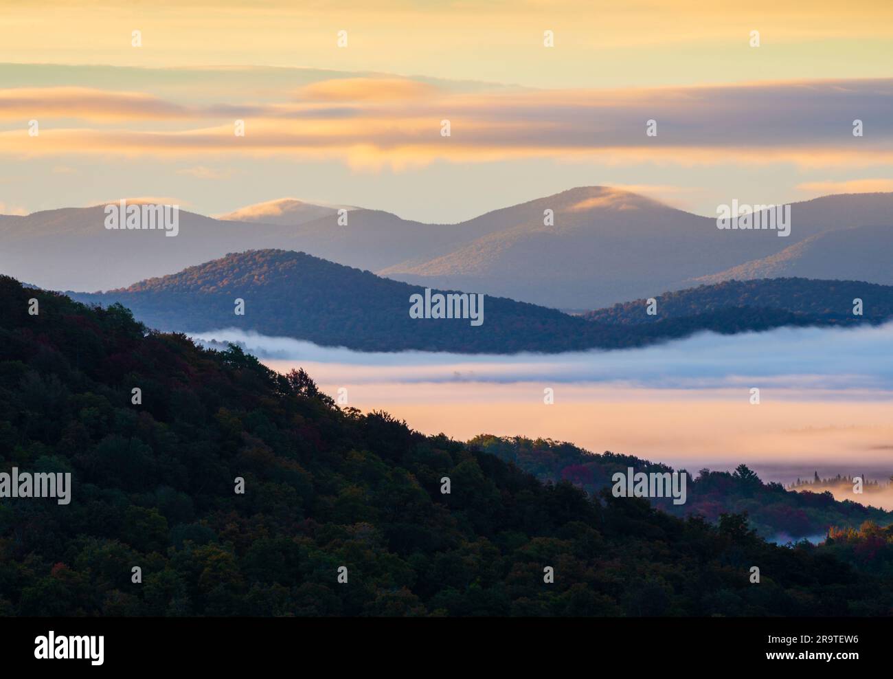 Landscape south from Goodman Mountain at sunset, Adirondack Mountains, New York, USA Stock Photo