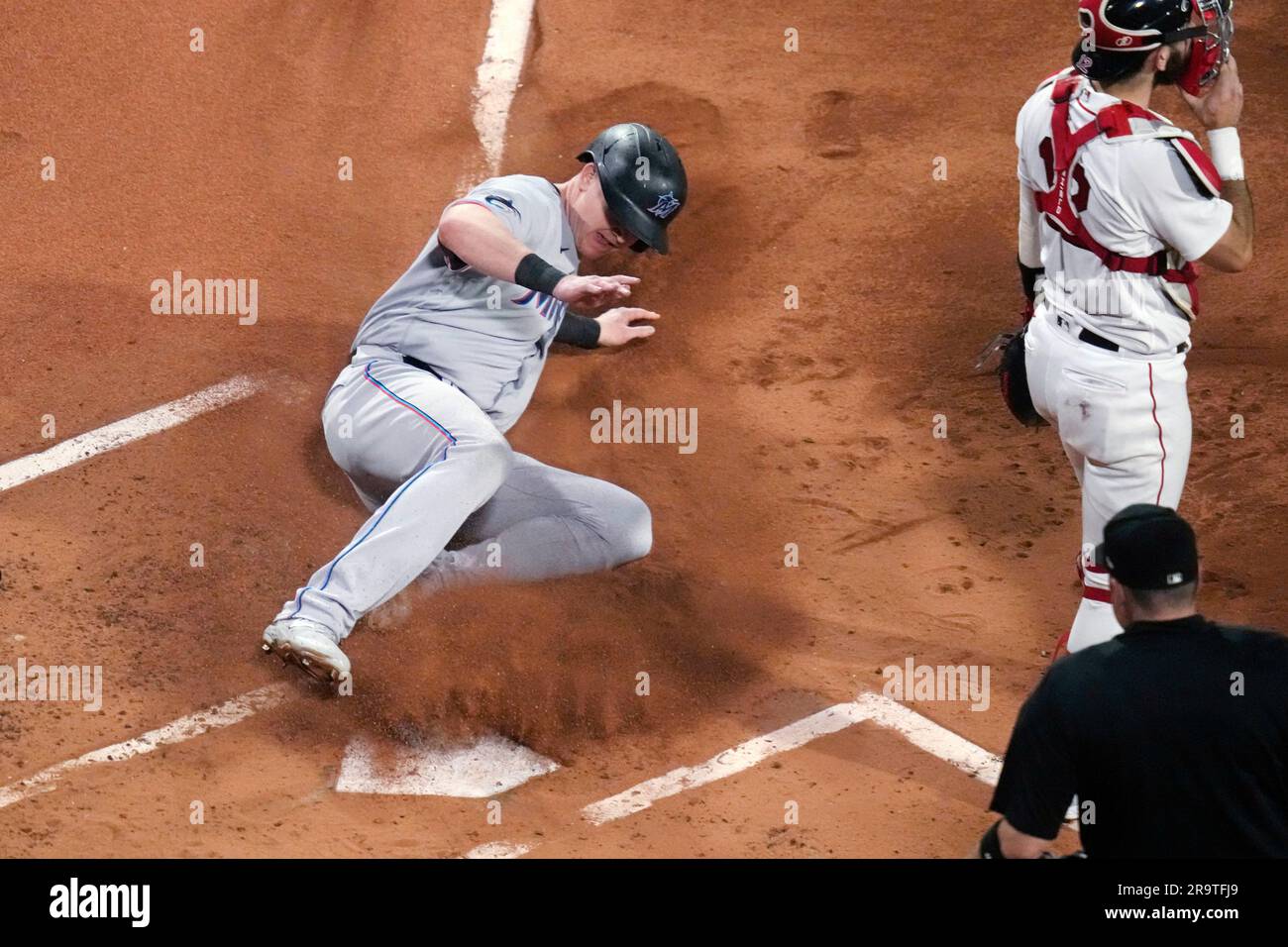 Miami Marlins' Jean Segura bats during the fifth inning of a baseball game  against the Cleveland Guardians, Sunday, April 23, 2023, in Cleveland. (AP  Photo/Nick Cammett Stock Photo - Alamy