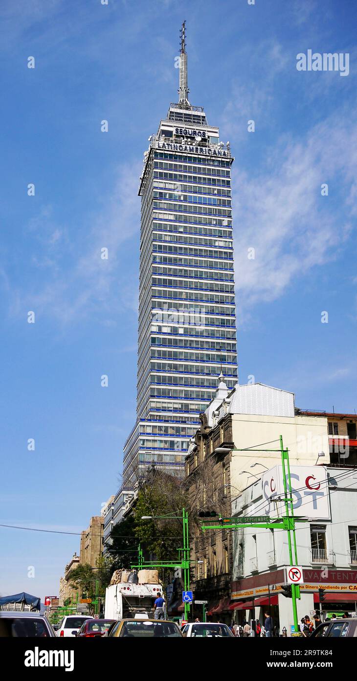 Modern skyscraper Torre Latinoamericana against blue sky, Mexico City, Mexico Stock Photo