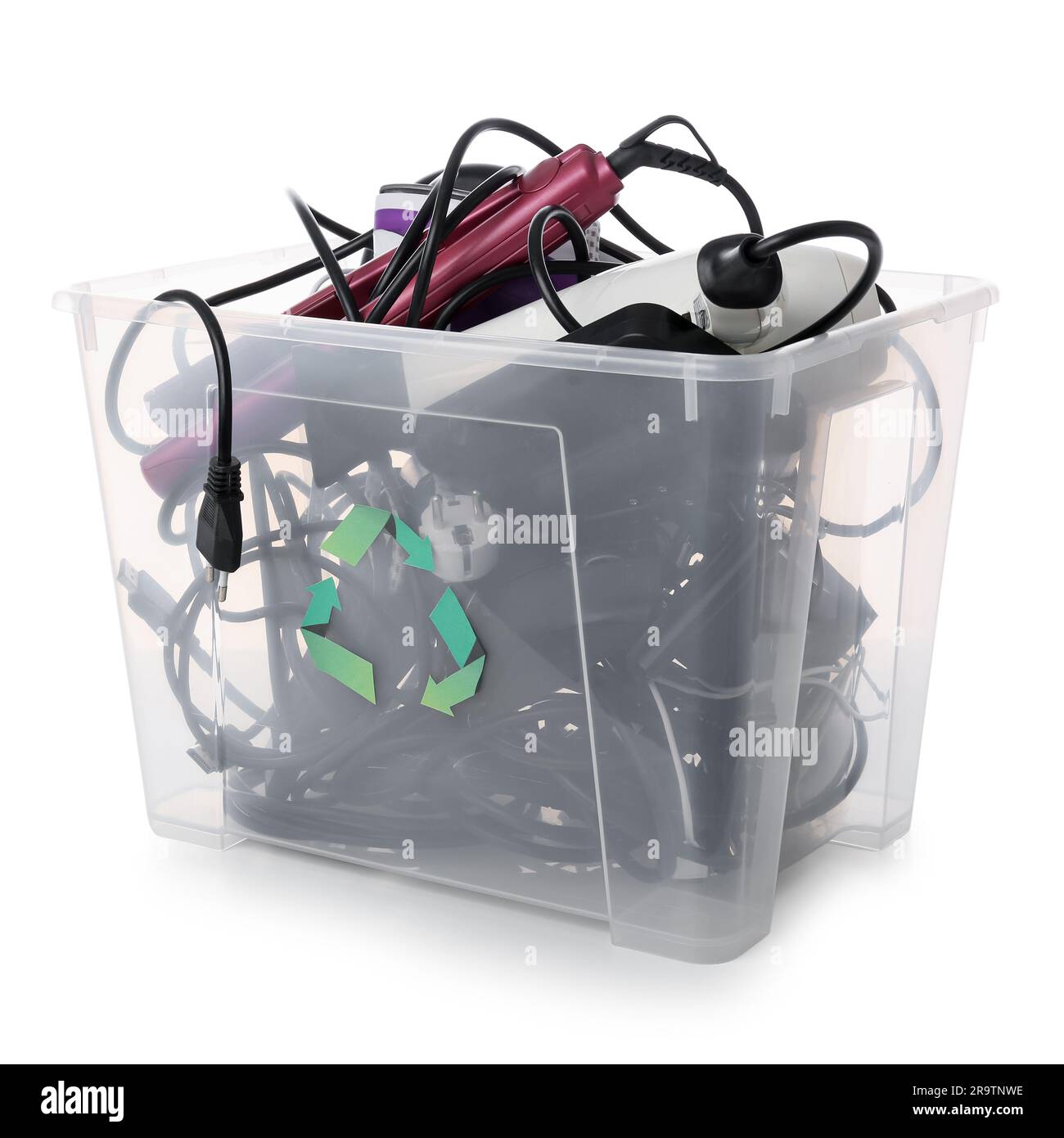 Recycle bin with different household appliances on white background