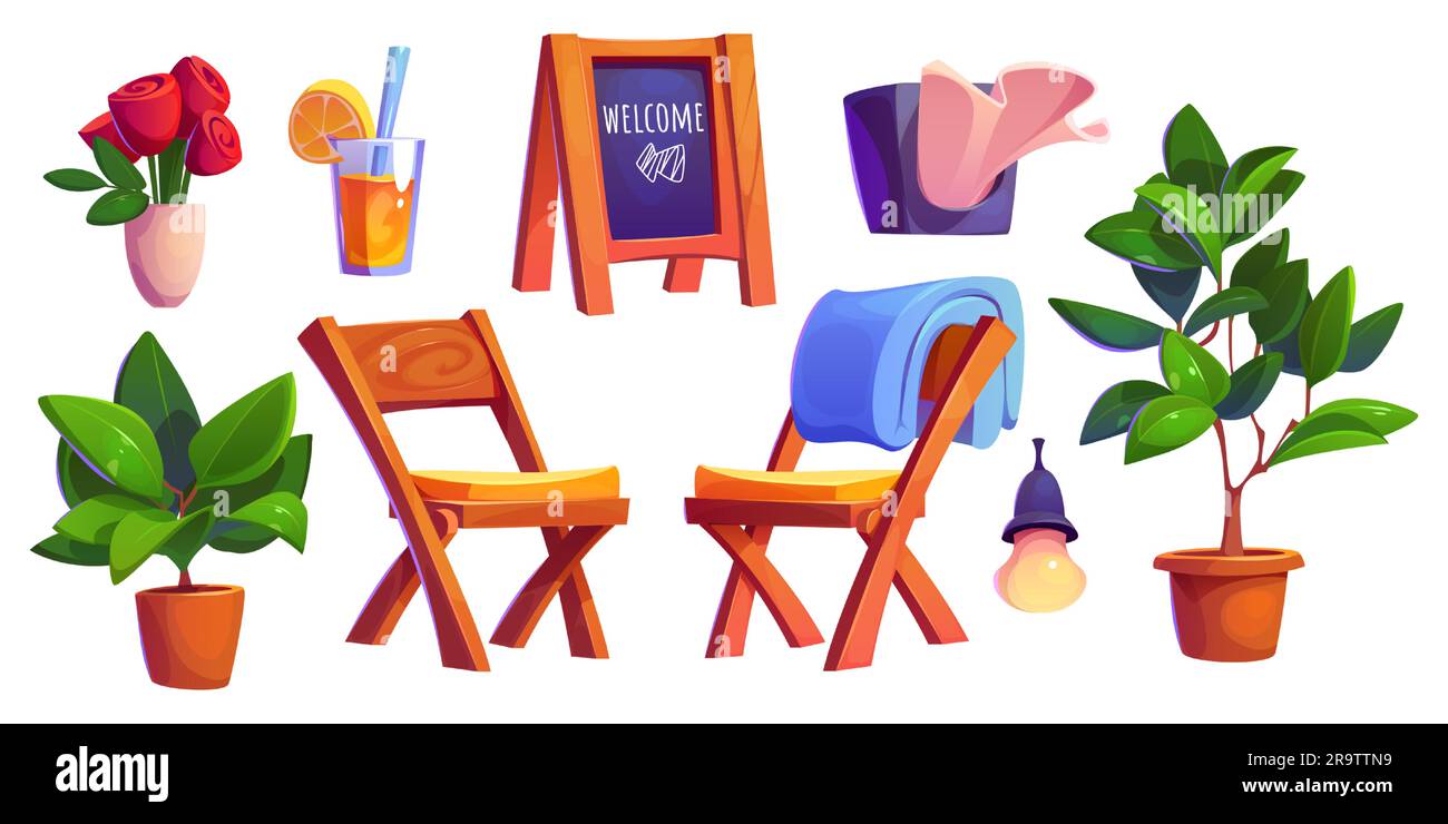 Outdoor cafe furniture and accessories set isolated on white background. Vector cartoon illustration of wooden chairs, welcome blackboard, green plants, light bulb, flowers in vase, glass of lemonade Stock Vector
