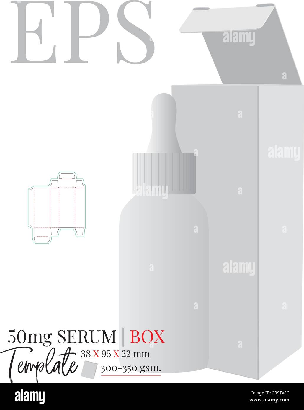 Serum bottle box, die cut template, vector. White clear blank serum