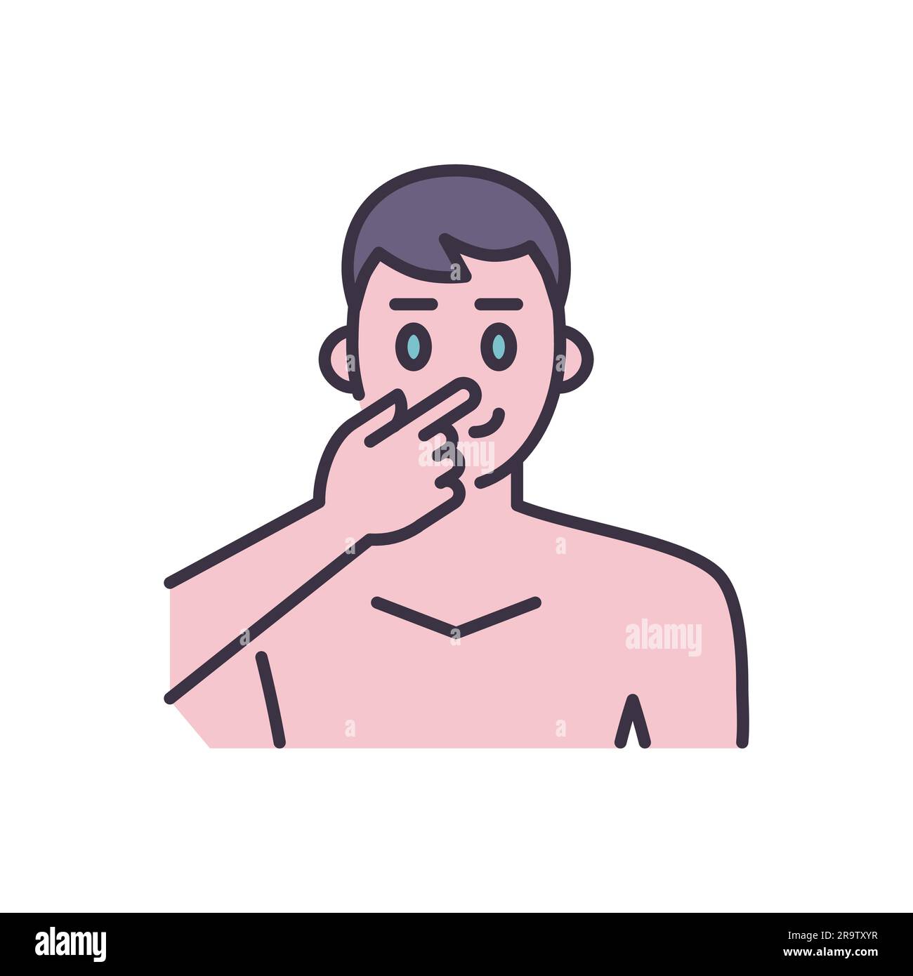 Avoid face touch related vector icon. Man touches face with finger